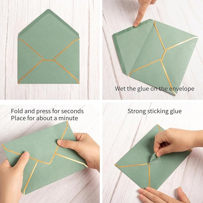 50 Pack A4 Envelopes Sage Green 4x6 Self-Adhesive V Flap Envelopes with Gold Border for Office, Wedding Gift Cards, Invitations, Graduation, Baby Shower, Parties (4.25x6.25 inches)