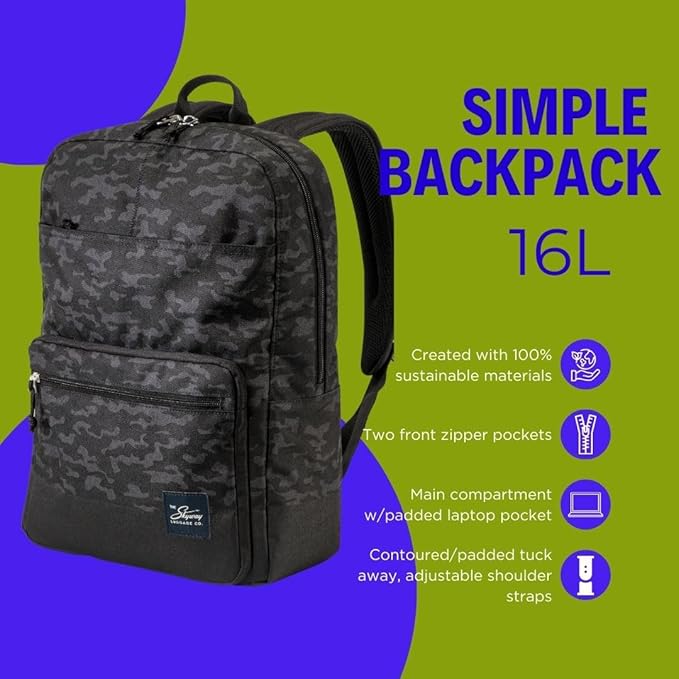 Skyway Luggage Rainier Simple Backpack, Eco-Friendly Made of 100% rPET Travel Laptop Bag for Women & Men, Flight Approved Carry On Bag, 16L, Kohala Black