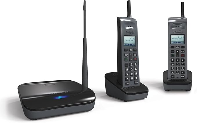EnGenius FreeStyl SIP2, Long Range, Portable 900 Mhz VoIP Phone with 2-Way Radio for Broadcast/Intercom, Expandable up to (10) Handsets per Base, 10 Acres of Coverage, Includes (2) Handsets