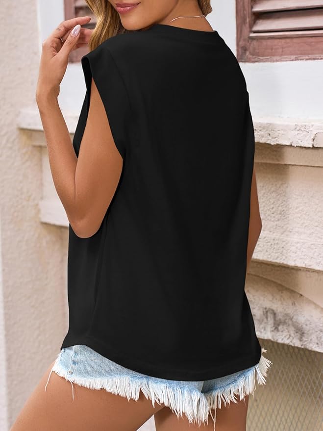 Tankaneo Womens Cap Sleeve Tank Tops Summer Casual Crew Neck T Shirts Loose Fit Basic Tee