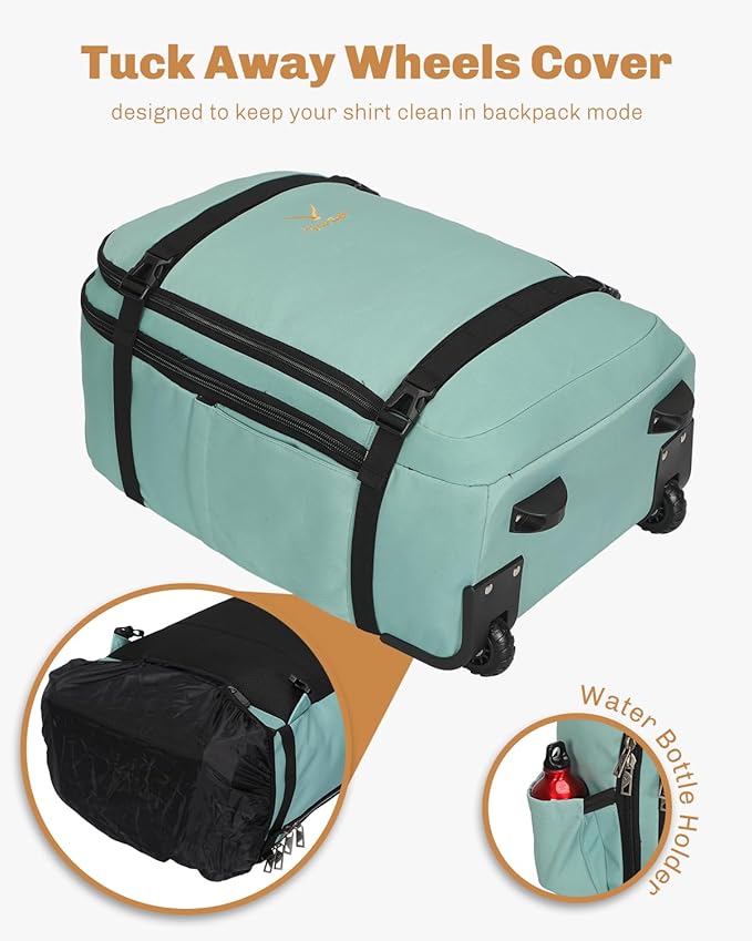 Hynes Eagle Rolling Backpack 42L Backpack with Wheels Airline Approved Carry on Luggage Laptop Travel Backpack for Women Men Mint Green