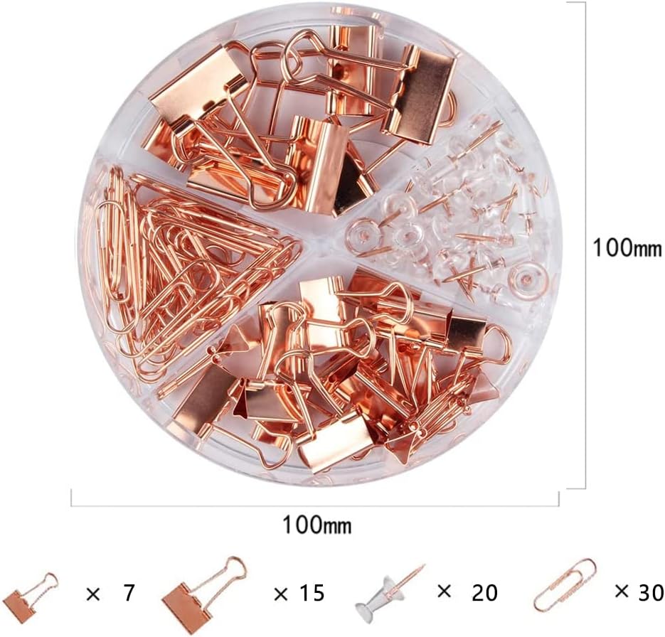 Paper Clips and Binder Clips Set, Metal Assorted Sized Binders with Push Pins, Cute Office Supplies for Desk, Desk Accessories, Rosegold
