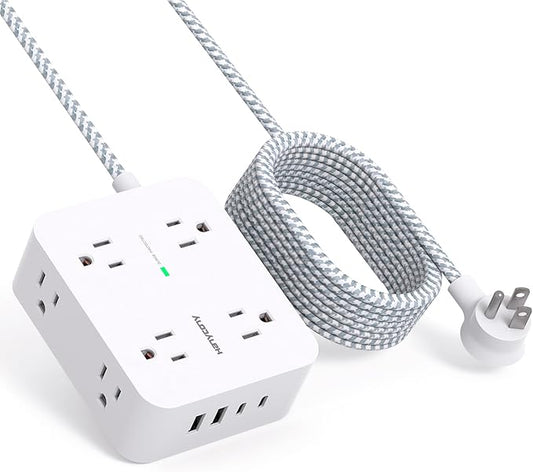 10 Ft Surge Protector Power Strip, Extension Cord with 8 AC Outlets 4 USB (2 USB C) Ports, Flat Plug, Wall Mount Desk USB Charging Station for Home