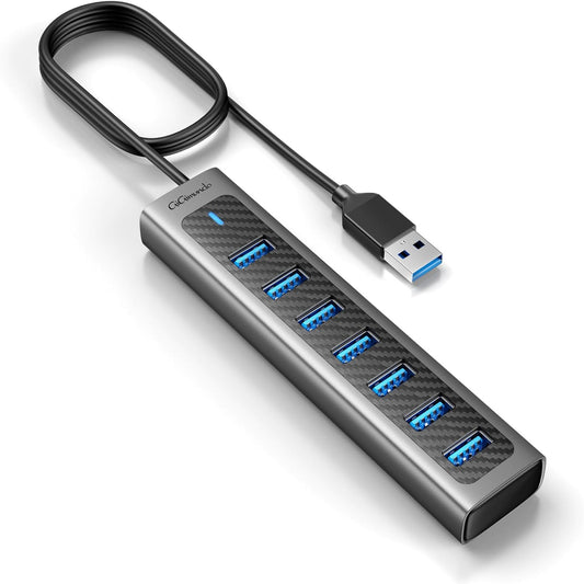 GM7U 7-Port USB 3.0 Hub, 3.3FT Long Cable, Aluminum, High-Speed, Multi Port Extender Hub, External Expansion Data Hub for PC Laptop, Desktop Computer, Older Mac, Black Grey