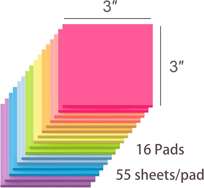 (16 Pack) Sticky Notes 3x3, Self-Stick Pads Bright Colors Sticky Note, Recyclable, Easy to Post for Home, Office, Notebook