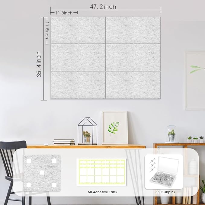 Large Cork Board for Office Wall Decor,48"x36"-12 Pack Felt Wall Tiles with 35 Push Pins, Thicker 0.47in, Felt Bulletin Board Pin Board Cork Boards for Walls - Light Grey