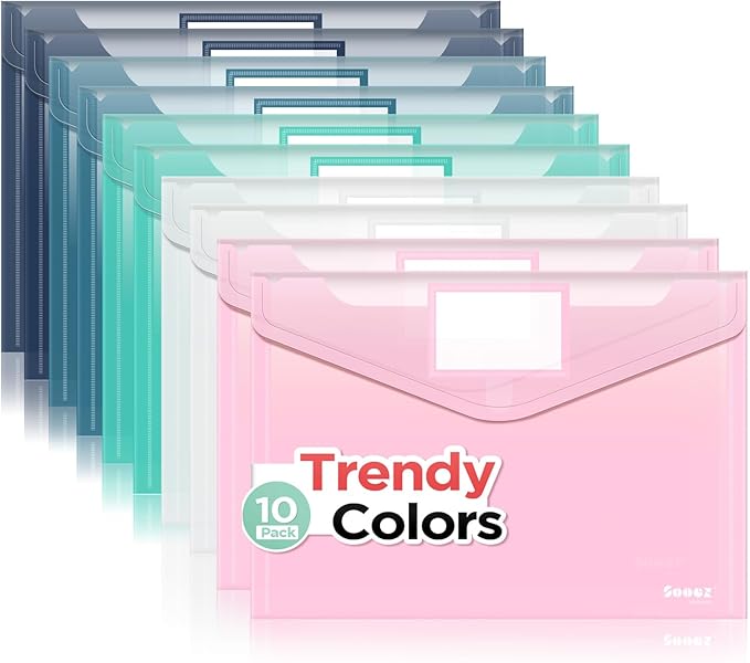 Sooez 10Pack Envelopes, Clear Folders for Documents, Trendy Colors, Super Heavyweight Plastic Document Holders, Storage Pouches, File Envelopes for School & Office Supplies