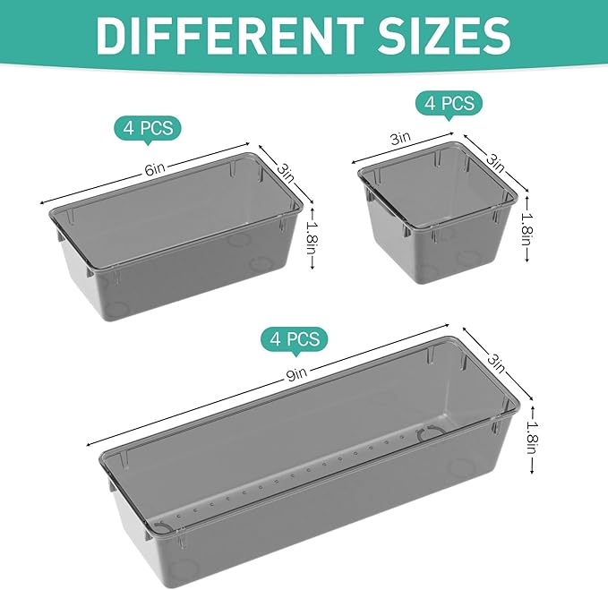 WOWBOX 12 Pack Clear Drawer Organizer Set, Acrylic Drawer Storage Trays, Storage Bins for Makeup, Cosmetics, Jewelries, Utensils, Gadgets, Office, Black