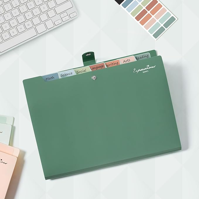 Sooez Elegant Accordion File Organizer with Labels, 8 Pocket Expanding File Folder, Portable Folders for Documents, Cute Paper Organizer for School Office Supplies, Letter Size, Dark Green