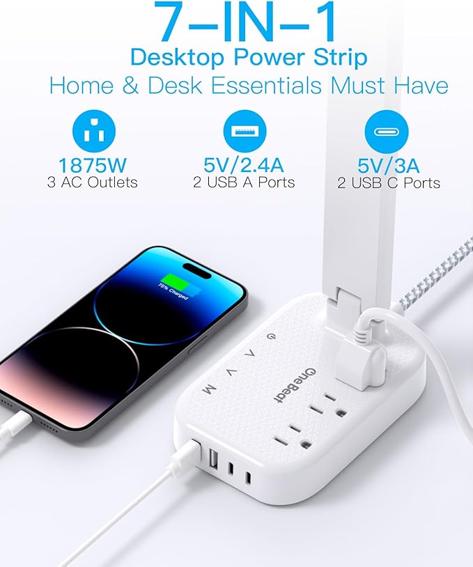 Power Strip with LED Desk Lamp, 10 Ft Extension Cord with 3 Outlets 4 USB Ports(2 USBC), 4 Modes 5 Level Touch Lamp Small Desk Lamp for Home Office, Study Reading Light, Dorm Room Essentials