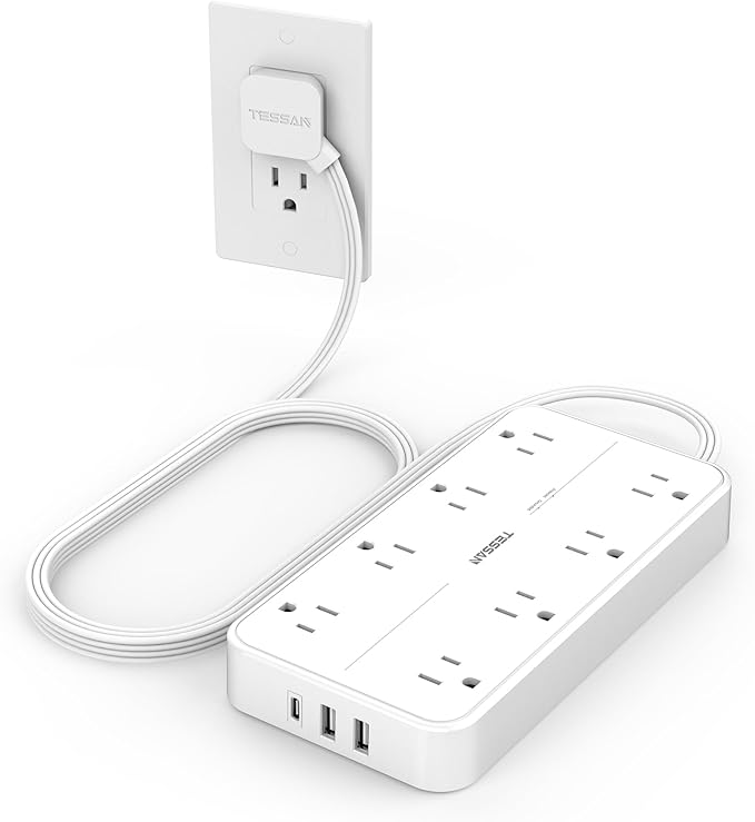 Power Strip with Surge Protection, TESSAN Flat Plug Extension Cord with 8 Outlets 3 USB Ports(1 USB C), 1080J Wall-Mounted Charging Station for Apartment Office School Dorm Room Essentials
