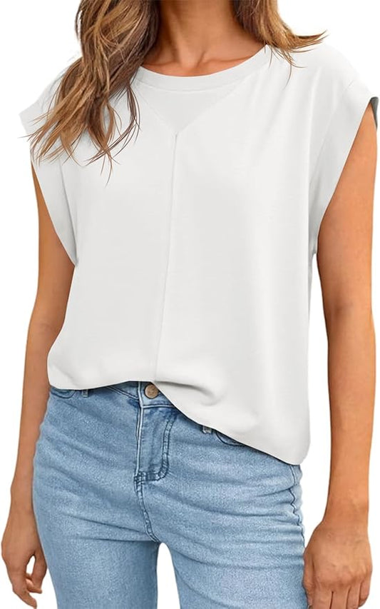 Tankaneo Womens Cap Sleeve Tank Tops Summer Casual Crew Neck T Shirts Loose Fit Basic Tee