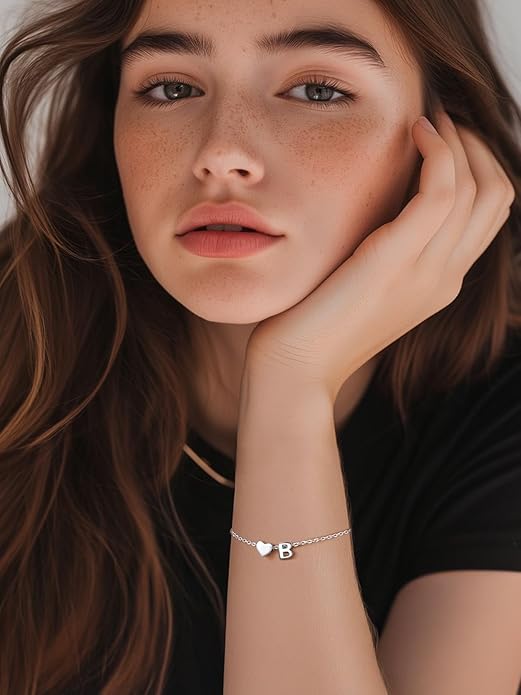 Silvora 925 Sterling Silver Dainty Initial Bracelet with Heart - 6.3" + 2" Adjustable Personalized 26 Letter Bracelet Jewelry Heart Bracelet for Women