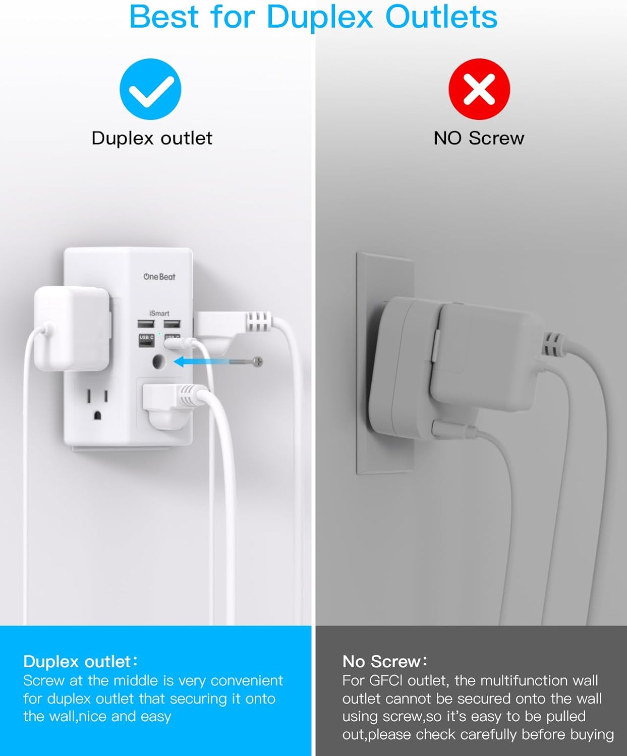 Surge Protector, 5 Outlets Extender with 4 USB Ports(USB C PD30W), 3-Side 1680J Power Strip Multi Plug Outlet Expander, USB Wall Charger, Outlet Splitter Adapter Wall Mount for Home Office(White)