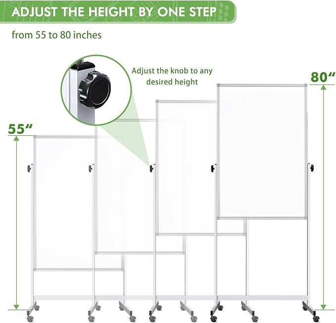 Mobile Whiteboard 32 x 48 inches Height Adjustable Dry Erase White Board, Standing Easel Whiteboard on Wheels, Double-Sided Magnetic Whiteboard with Stand for Office, Home, and Classroom