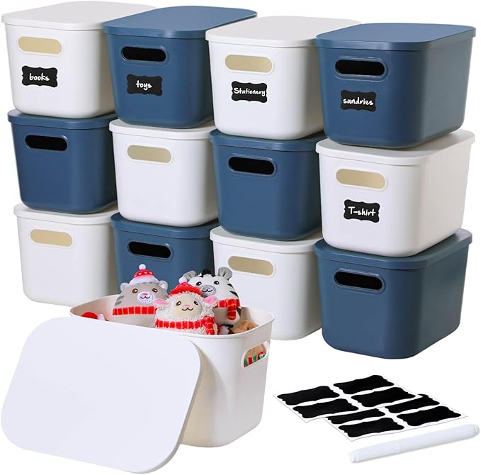 Thyle 12 Pack Plastic Storage Bins with Lids and Handles Colorful Stackable Desktop Storage Box Bins with Marker Label for Office Classroom Cabinet Shelf Drawer Kitchen, 10x7x6 Inch(Blue, White)