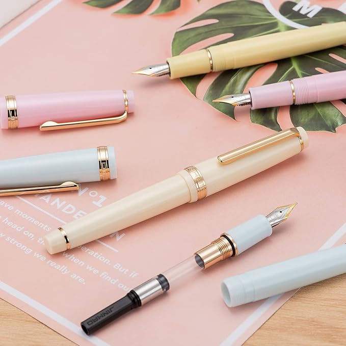 Jinhao 82 Pink Acrylic Fountain Pen, Iridium Bent Nib Classic Design Smooth Writing Pen with Ink Converter (Gold Trim)