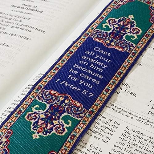 Don't Be Anxious, Woven Fabric Christian Bookmark, Silky Soft 1 Peter 5:7 Flexible Bookmarker for Novels Books and Bibles, Traditional Turkish Woven Design, Memory Verse Gift