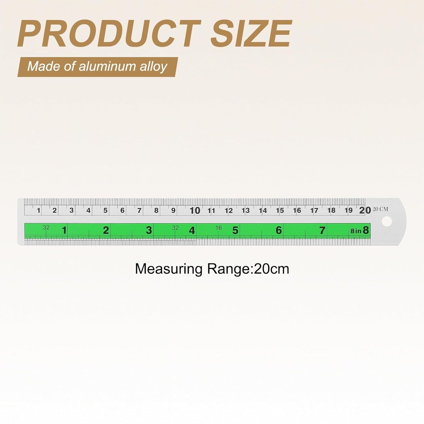 HARFINGTON 2pcs Metal Straight Ruler 20cm Metric SAE Aluminum Alloy Measuring Rulers Scale Tool with Hole for Measure Study Reading Classroom Office, Green