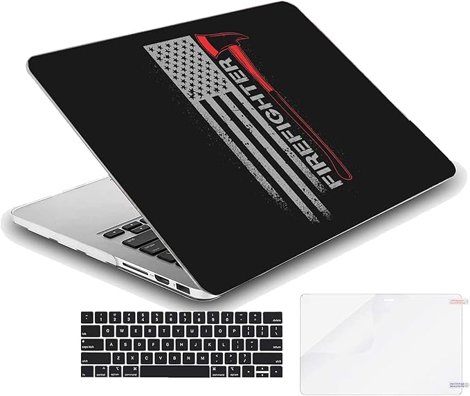 Compatible with MacBook Air 15.3-inch Hard Protective Shell Cace and Keyboard Cover (A2941, M2 Chip, 2023 Release) - Firefighter and USA Flag of Star and Stripe