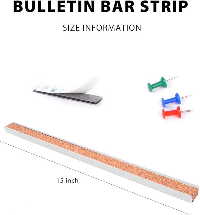 Corksidol Bulletin Bar Strip, Cork Board, 15" x 1", Classroom, Office, Cubicle, Aluminum Frame (Silver)