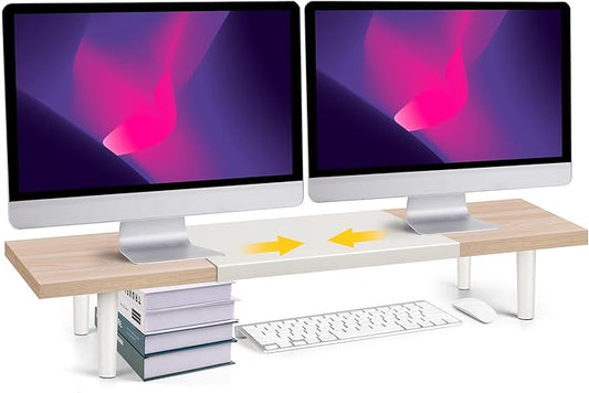 Dual-Monitor-Stand-Riser-For-Desk Adjustable Length 32-40 Inch，Large Desktop Computer Monitor Riser For 2 Screens，Desk Shelf Organizer Riser Stand For Computer/Laptop/PC/Printer/TV Maple