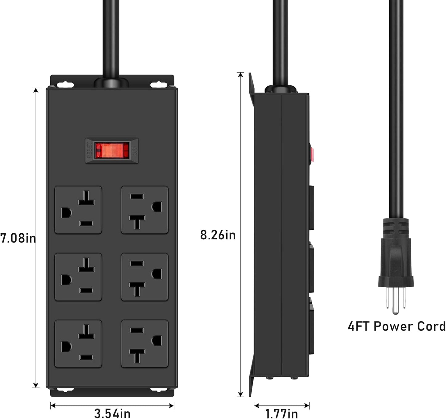 JUNNUJ Heavy Duty 20 Amp Power Strip, Garage 6 Outlets Metal 12 Gauge Surge Protector 3000J, High Amp 5-15P Adapter Shop 6-20R T-Slot Industrial (6AC, 4FT)