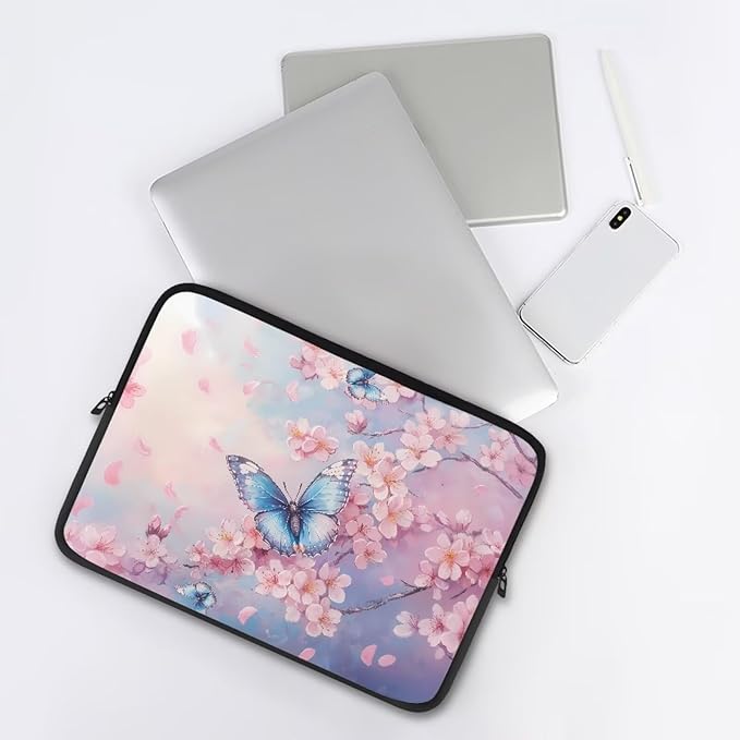 Butterfly Print Laptop Bag for Girls, 17 Inch Peach Blossom Laptop Sleeve Soft Laptop Case Bag for Girls, Waterproof Laptop Briefcase Computer Bag with Zipper