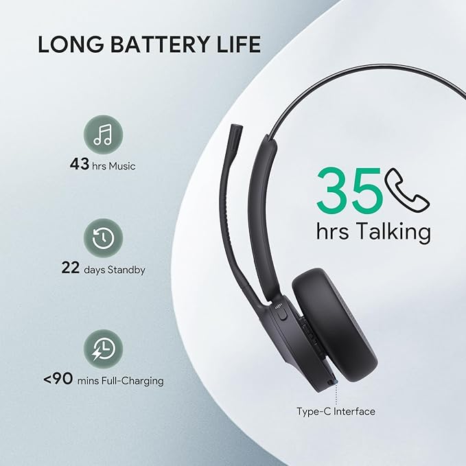 Yealink BH70 Mono Wireless Bluetooth Headset with Microphone for Work, up to 35h Talking Battery Life, 3-Mic Noise Cancellation, 91g Lightweight Microsoft Teams Certified Work Headsets for PC, USB-A