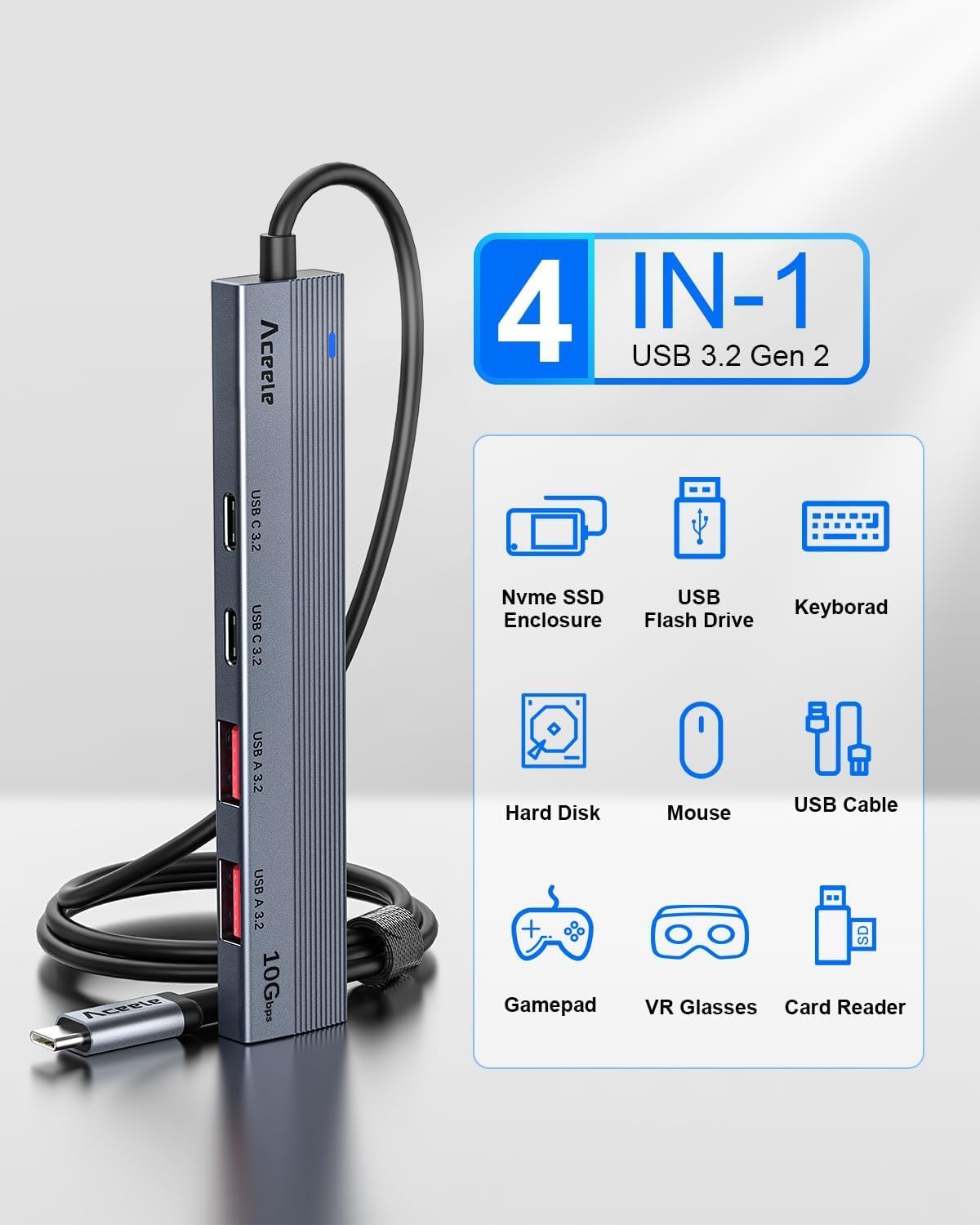 Aceele 10Gbps USB C Hub with 4 USB 3.2 Ports (2 USB A & 2 USB C), USB 3.2 Gen 2 3.3ft USB Cable Extender Hub with Type-C Power Port,Compatible for MacBook Pro 2021, iPad Pro 2021 and Other PC