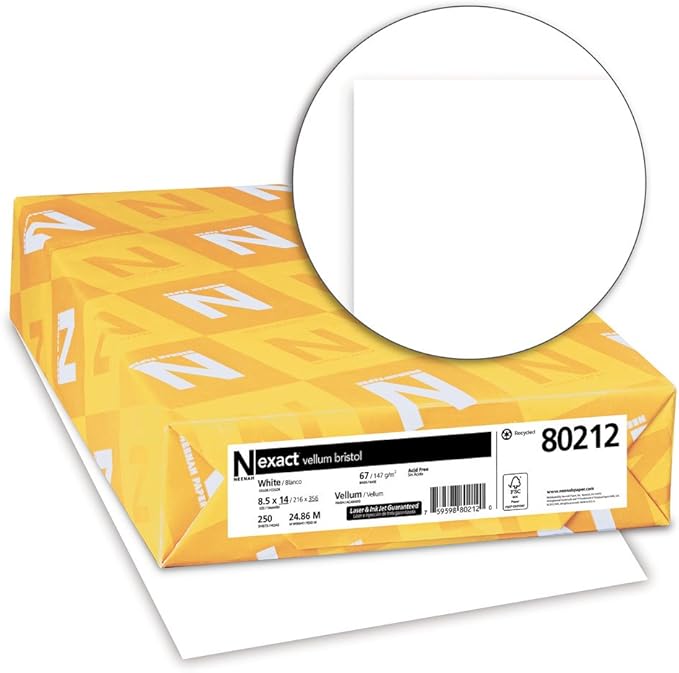 Wausau Exact Vellum Bristol Cardstock, 250 Sheets, White, 94 Brightness, 67 lb, 8.5 x 14 Inches (Pack of 6)