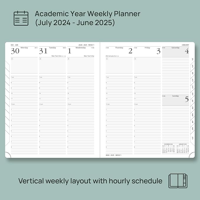 POPRUN Planner 2024-2025, [Large 8.5'' x 10.5'' Hard Cover] Academic Calendar (July 24-June 25) Daily Weekly and Monthly Appointment Book with Hourly Time Slots, Monthly Tabs, 100 GSM - Pacific Green