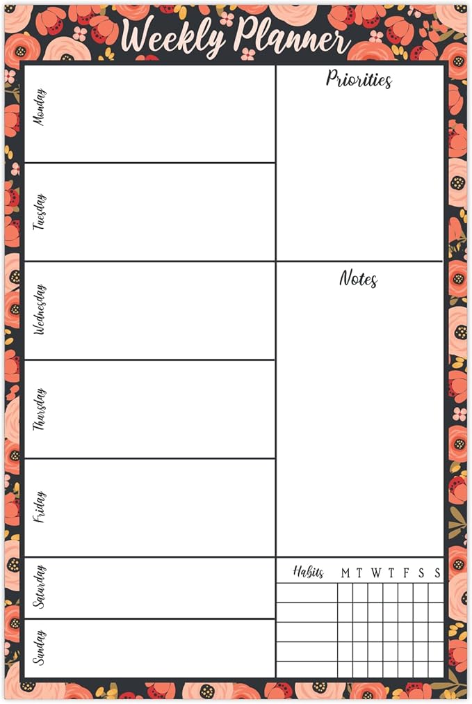 Global Printed Products 6" x 9" Vertical to-Do List and Weekly Planning Pad, 60-Sheets, Peach & Pink Floral