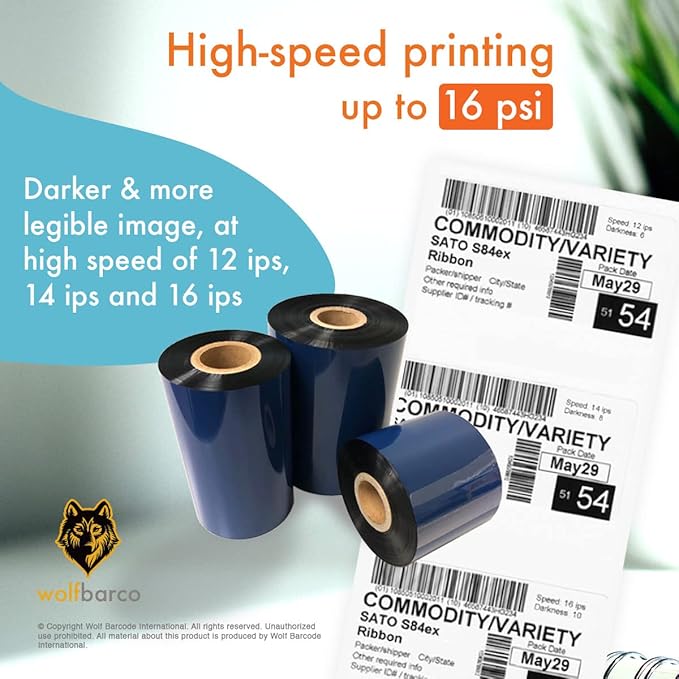 12 Rolls Wolfbarco 4.33" x 984' (110mm x 300m) Black Premium Resin-Enhanced Wax Thermal Transfer Ribbon Compatible with Zebra,TEC, INTERMEC,Citizen,TSC,GODEX,ARGOX Printers