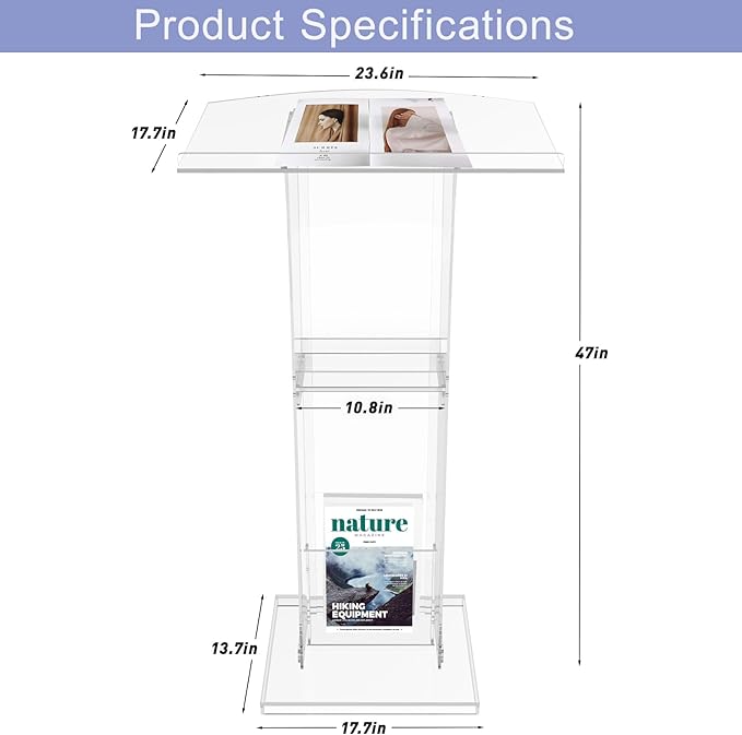 Acrylic Podium Stand With Storage Shelf,Segmented Transparent Lecterns & Podiums,Pulpits For Churches、Conference、Speeches、Weddings、Classroom、Concert,47" H Professional Presentation Podiums