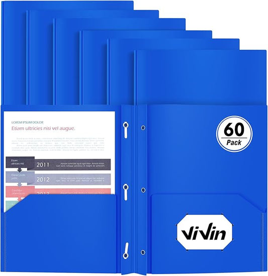 Heavy Duty Plastic Folder, 60 Pack, Pocket Folder with brads, Letter Size Poly File, Plastic Folders with 3 Prongs Fasteners - Blue