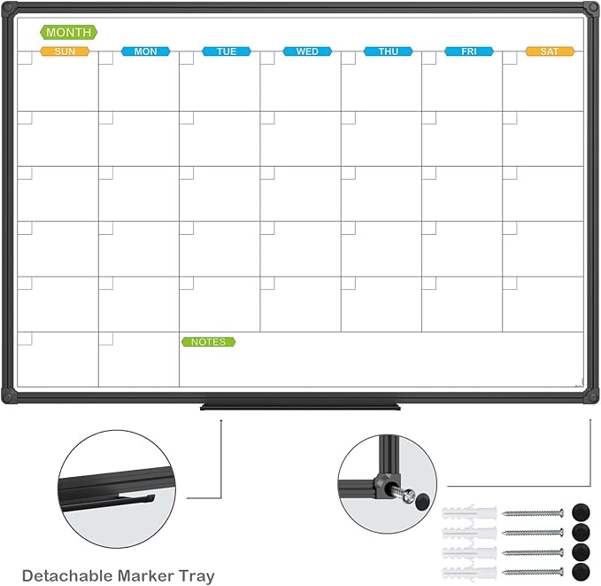 JILoffice Dry Erase Calendar Whiteboard - Magnetic White Board Calendar Monthly 36 X 24 Inch, Black Aluminum Frame Wall Mounted Board for Office Home and School