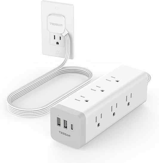 Surge Protector Power Strip with USB, TESSAN Ultra Thin Flat Plug 6 FT Extension Cord with 9 Outlets 3 USB(1 USB C), 1050 J Surge Protector Charging Station for Indoor,Office, Dorm Room Essentials