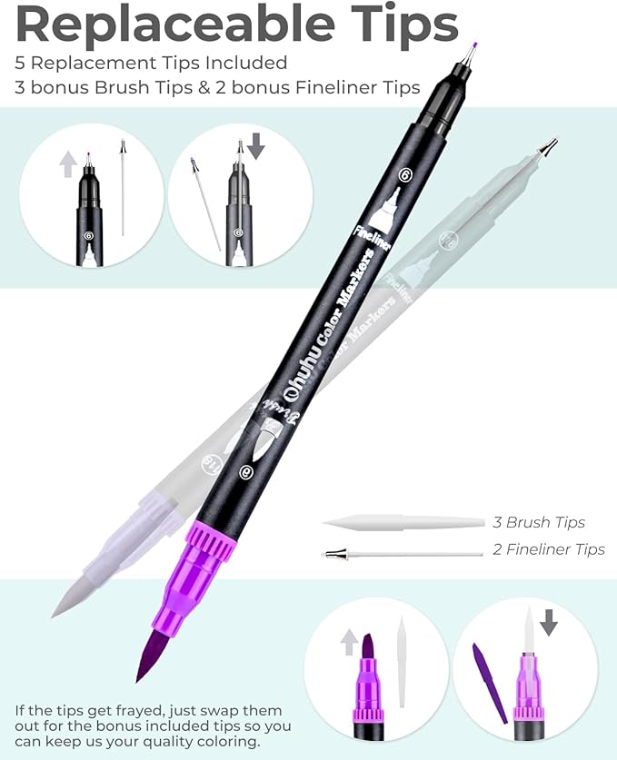 Ohuhu Markers for Adult Coloring Books No bleeding 100 Colors Coloring Markers Water-based Dual Tips Fineliner & Brush Drawing Pens Art Markers for Kids Adults Sketch Journal - Maui - Black
