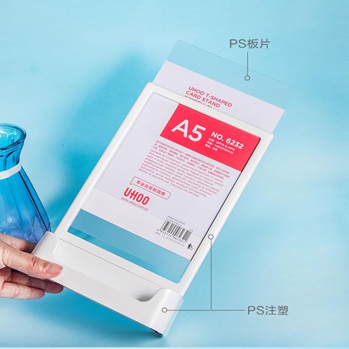 ABS Plastic Sign Holder, Menu Displays T Shape Sign Stand with Business Card Holder, Plastic Display Stand for Ads, Menu, Photos, Business Card (White A5 148×210mm//5.83×8.27 inches)