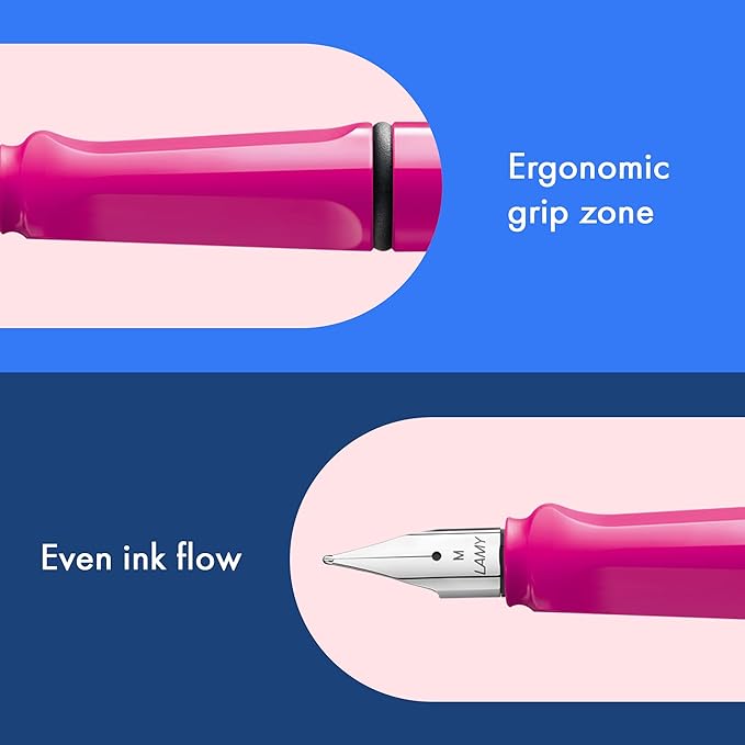 LAMY safari pink - Fountain Pen with ergonomic grip & polished steel nib in size B - ideal for any Writing & Calligraphy - including LAMY T 10 blue cartridge - Right-Handed