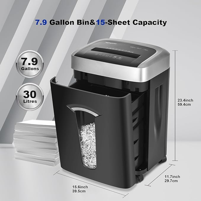 120-Minute Paper Shredder - 15-Sheet Capacity, 30L（7.9 Gallon） Bin, 58dB Quiet Operation, P4 Cross-Cut Heavy-Duty Shredder for Home & Office Use