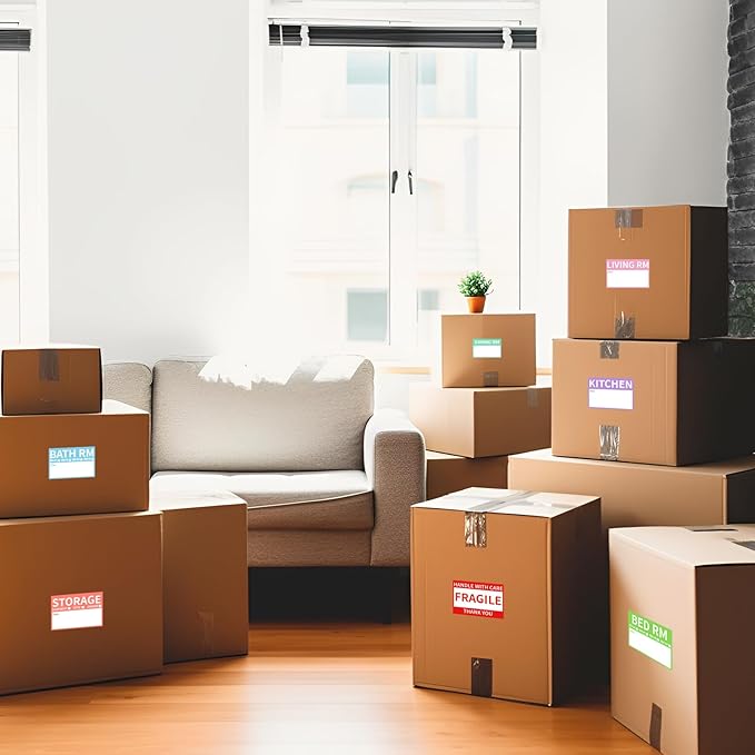 600 Pcs 2” x 3’’ Removable Home Moving Box Packing Labels for 1/2/3/4 Bedroom Rooms, 9 Designs Pre-Printed Color-Coded Moving Stickers Including Fragile 、Heavy and Blank Moving Labels for Boxes