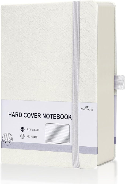 Lined Journal Notebook, 360 Numbered Pages(With page number), Thick Journal for Writing A5 College Ruled Notebook, 100gsm Lined Paper, Leather Hardcover, 5.75'' X 8.38''-1 Pack, White