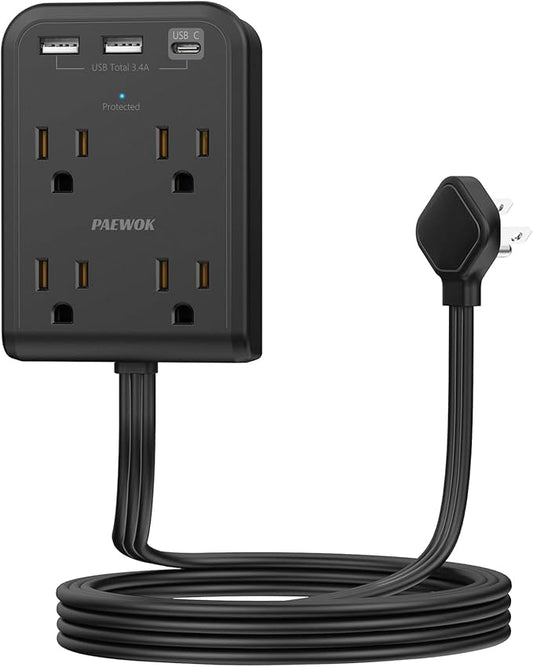 Flat Electrical Outlet Extender with USB C Ports, 4 Outlet 3 USB Wall Plug, 6 ft Ultra Thin Extension Cord, Flat Plug Power Strip Surge Protector for Home, Office. Black