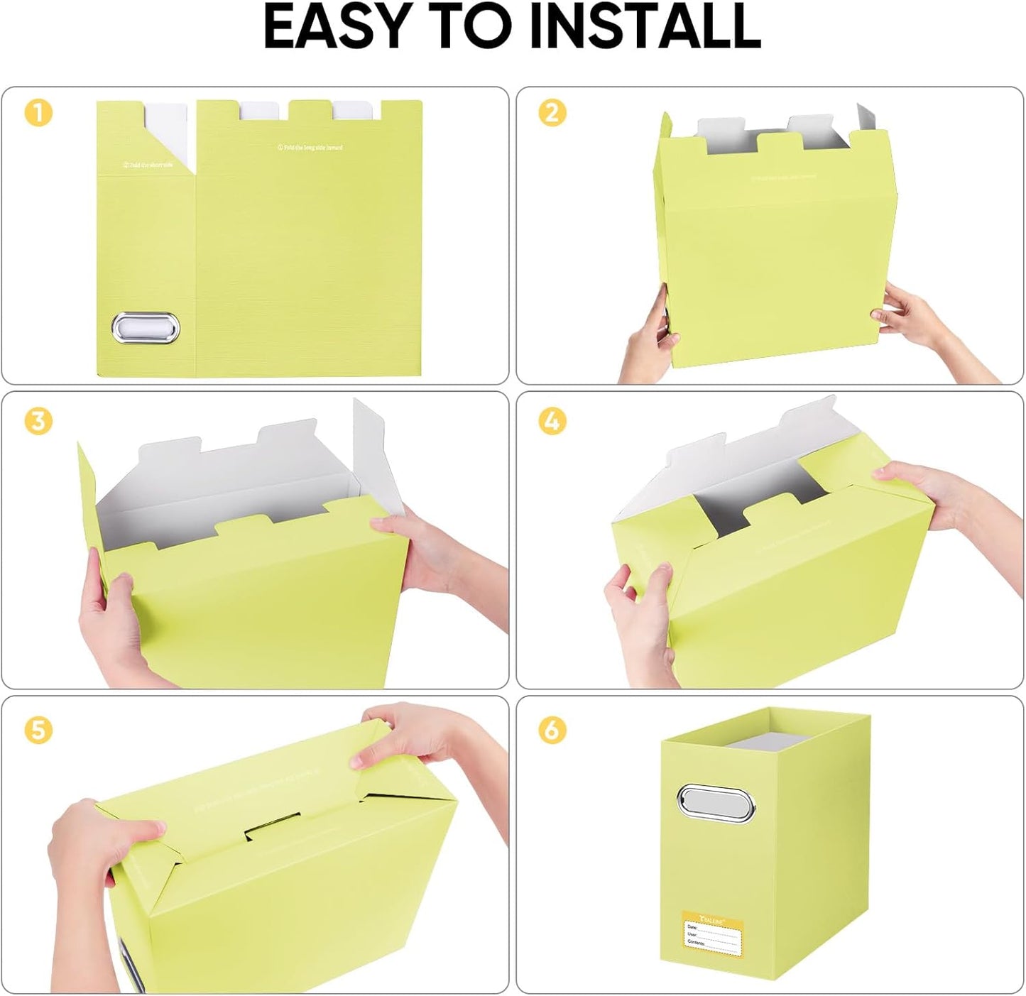 BALEINE File Organizer Box, Cardboard File Folder Organizer with Handle for Letter Size, Portable Collapsible Hanging Filing Box for Home Office Document Storage (2 Pack, Yellow)