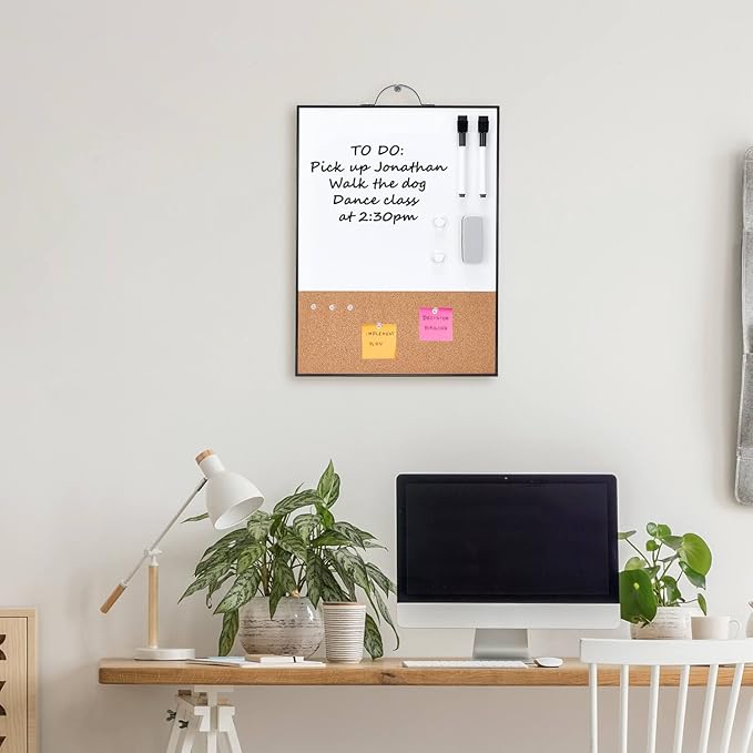 TSJ OFFICE Small Whiteboard Cork-Board - 16" X 12" Portable Aluminum Black Framed Magnetic Dry Erase Board, Small Bulletin Cork Board with Holder for Office, Home and School