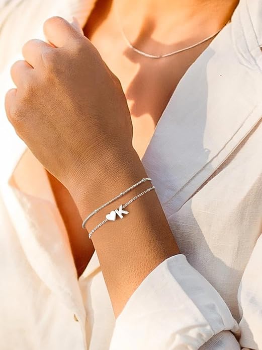 Silvora 925 Sterling Silver Dainty Initial Bracelet with Heart - 6.3" + 2" Adjustable Personalized 26 Letter Bracelet Jewelry Heart Bracelet for Women