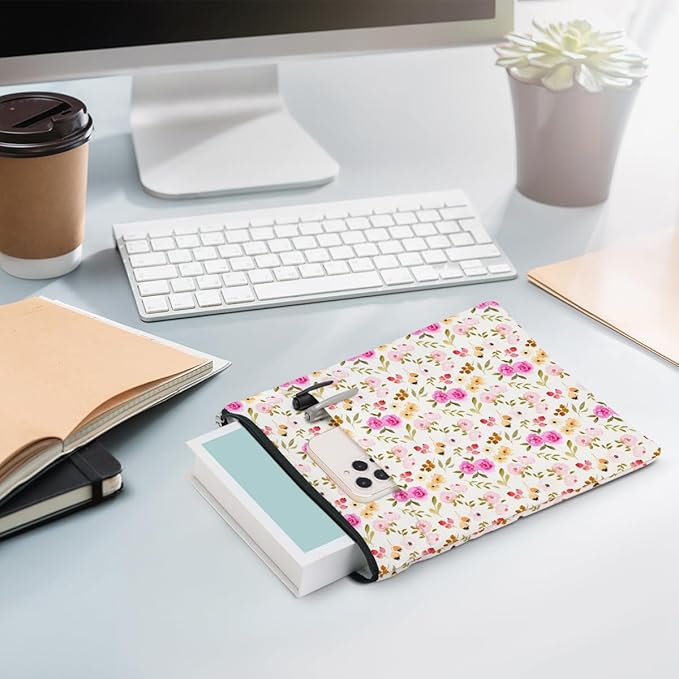 Watercolor Floral Pattern Book Lovers Gifts Waterproof Book Sleeve Book Pouch Book Protector with Zipper and Front Pocket BookCover Case for Women Girl Readers Wife Book Accessories Book Club Gifts