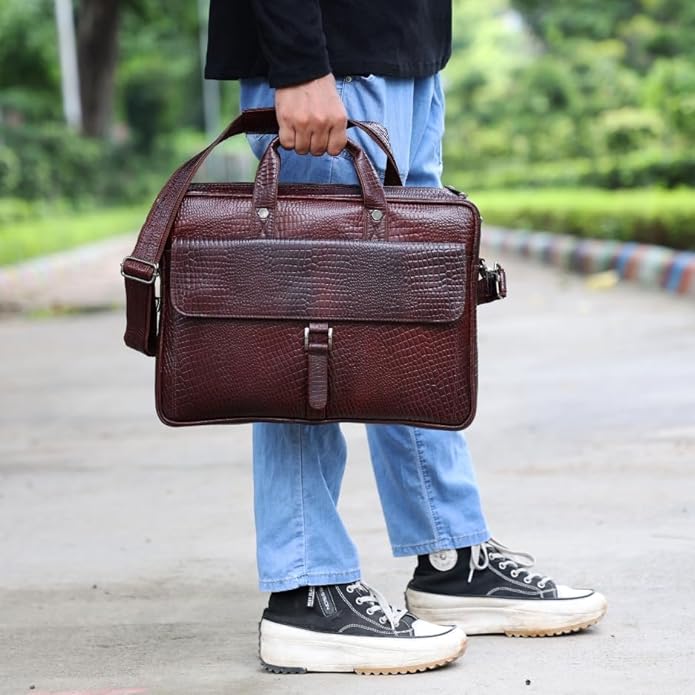 Crocodile Embossed leather bag for men, 5 Zipper Pockets with Spacious Compartments.,12 x 16 x 4 inches.